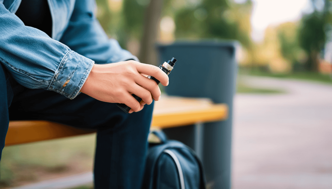 Person holding a disposable vape while sitting outdoors, highlighting vaping convenience.