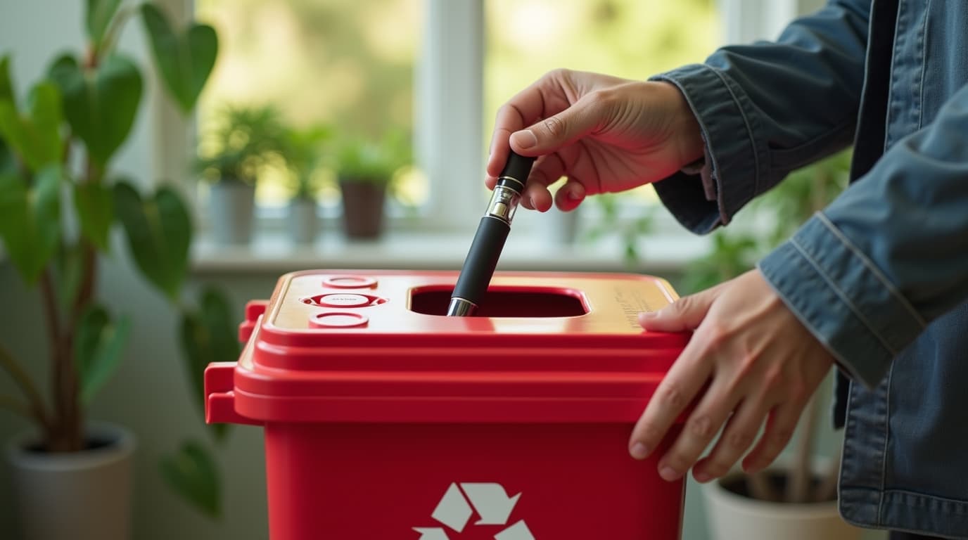 Hand placing a disposable vape into a recycling bin for eco-friendly disposal.