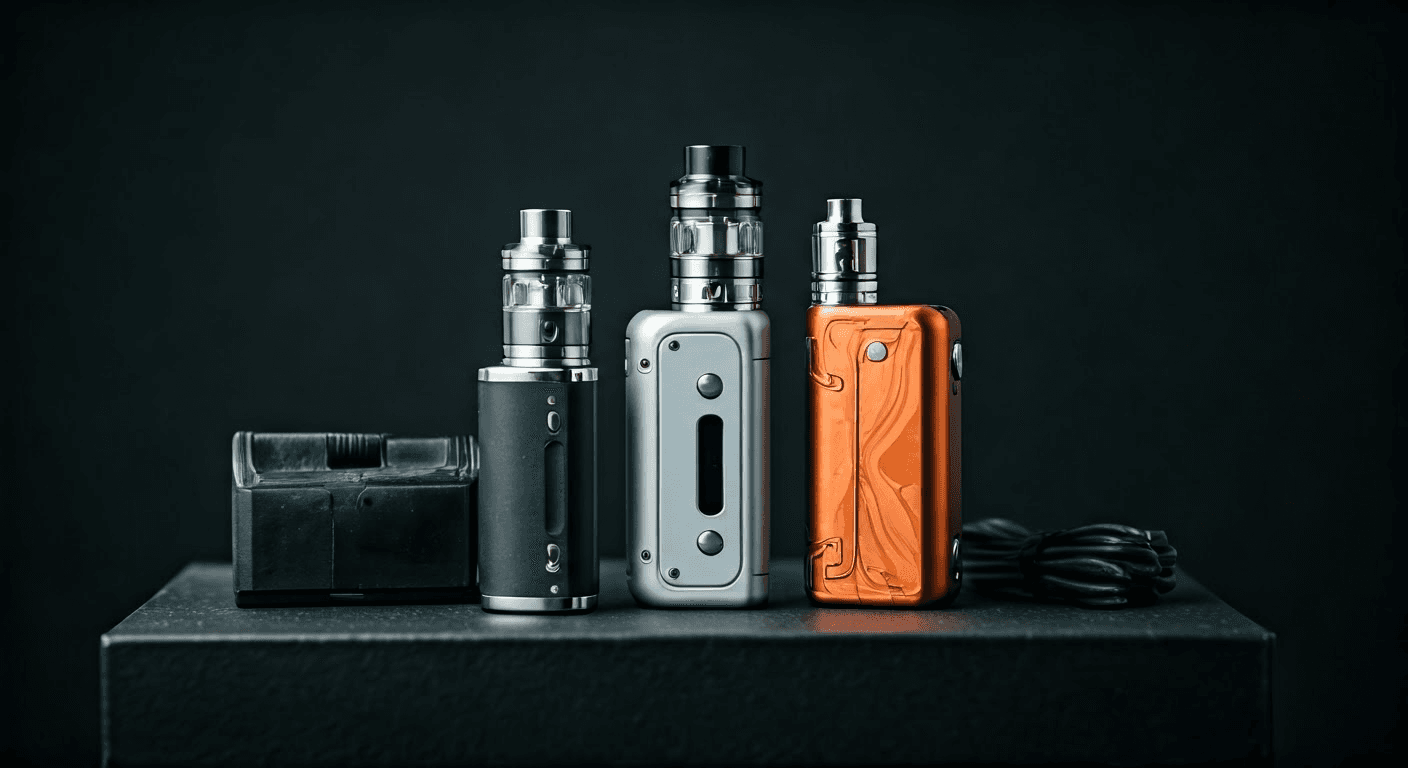 A selection of beginner-friendly vape devices in black, silver, and orange colors, displayed alongside a charger and USB cable on a dark background.