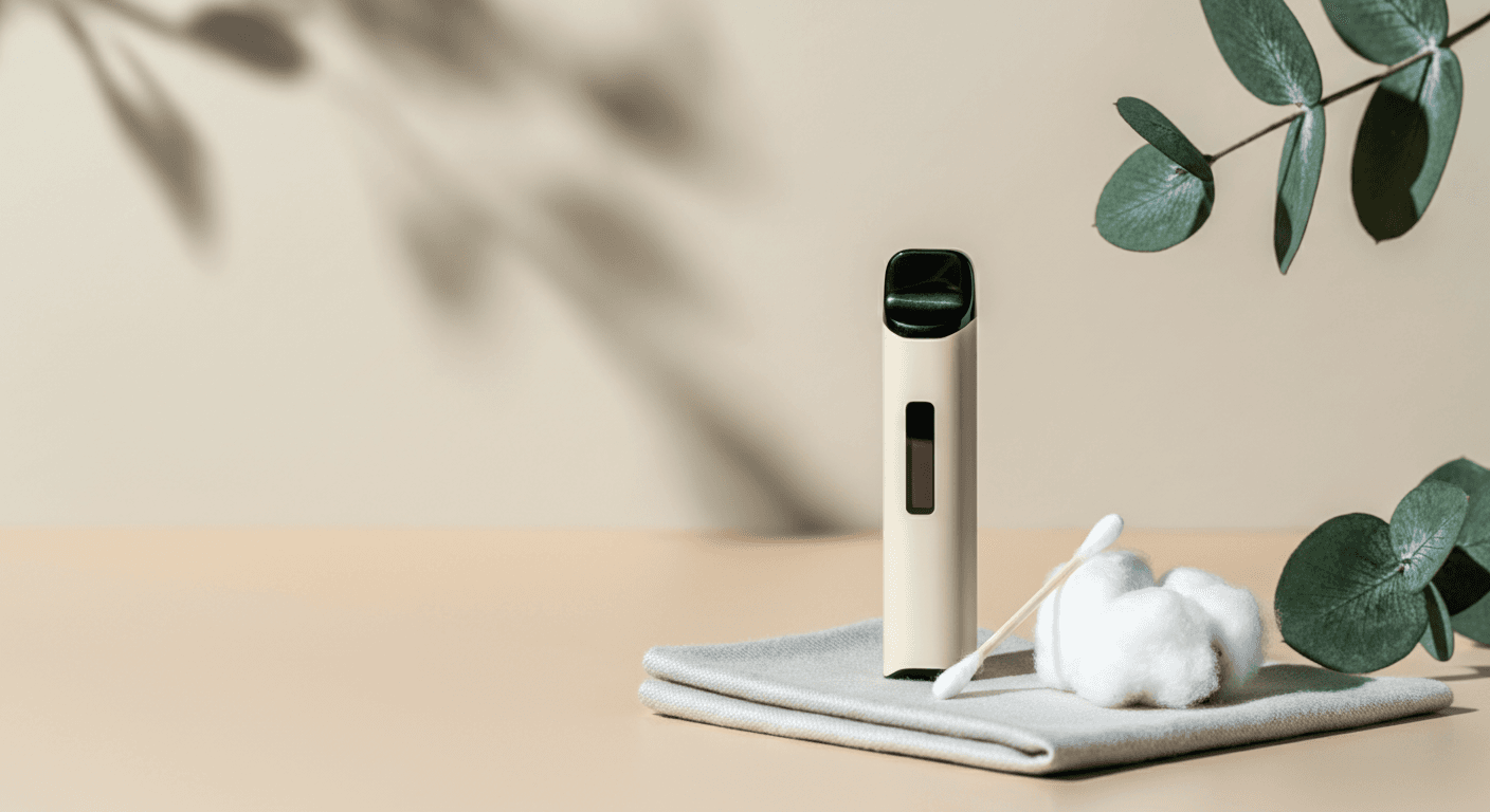 Beige disposable vape standing on cloth with cotton swabs and eucalyptus leaves, suggesting cleaning and maintenance.
