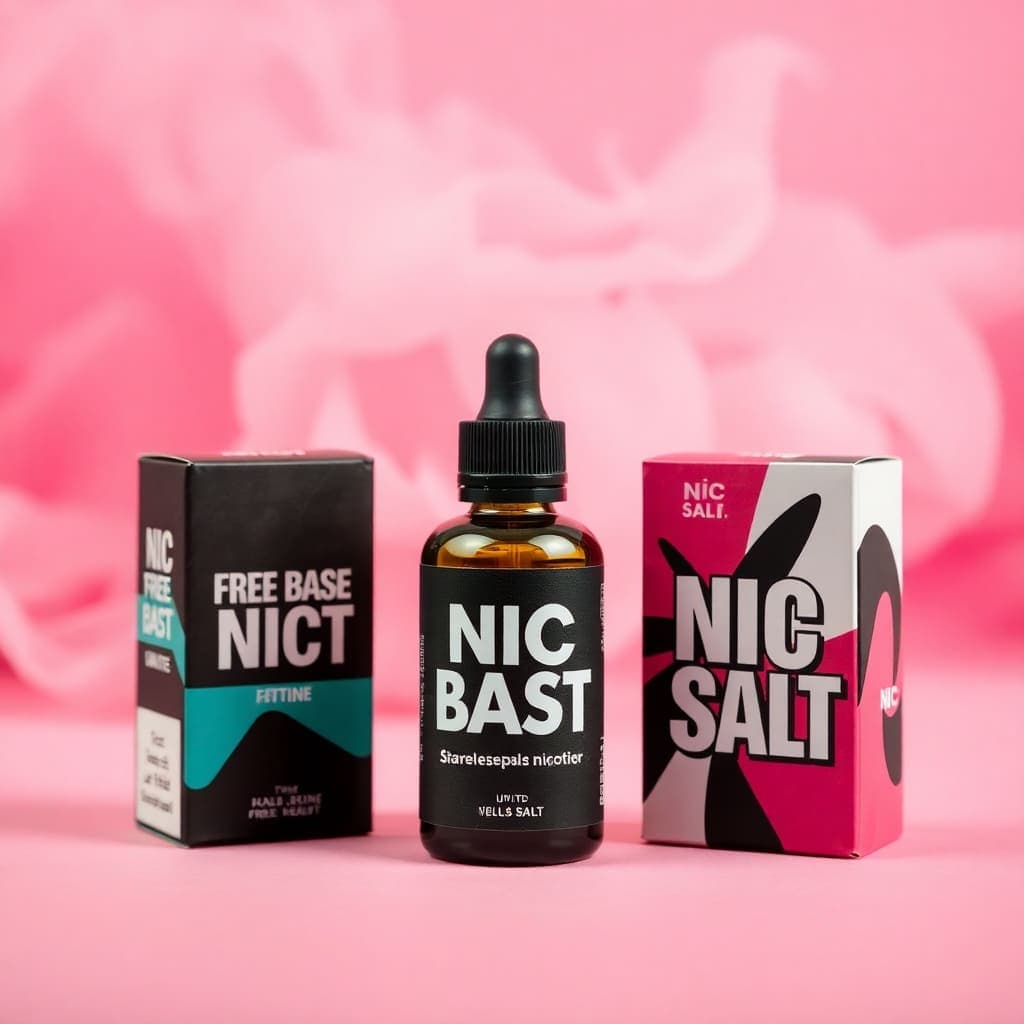 A bottle of Nic Salt e-liquid with packaging next to Freebase Nicotine e-liquid, highlighting the difference in their design and usage.
