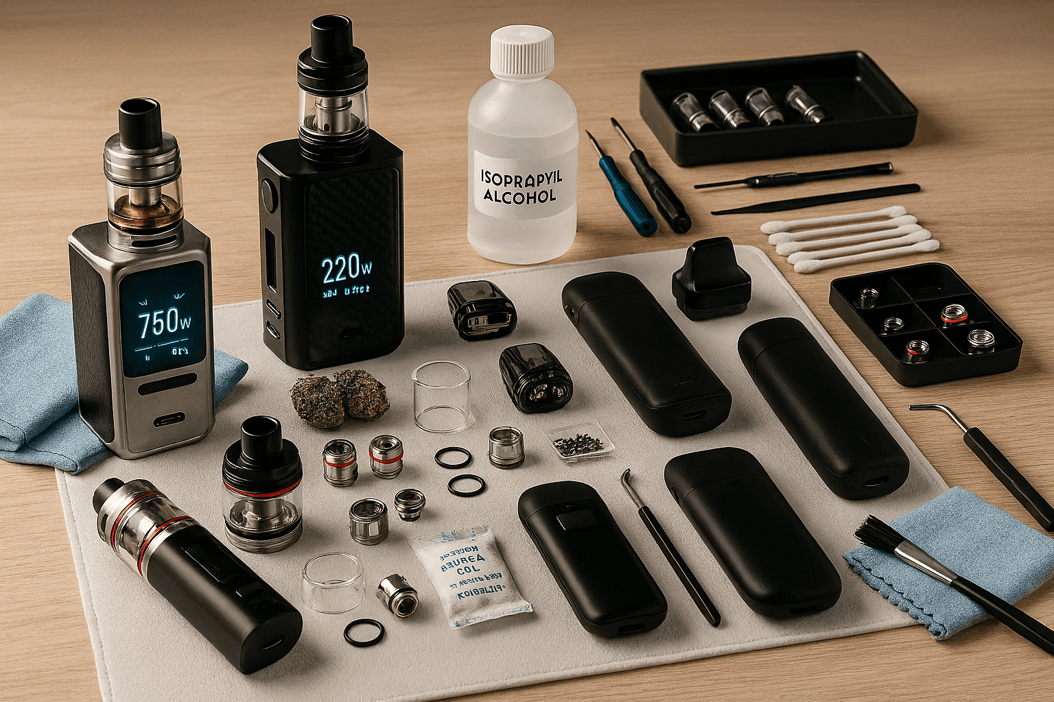 Vape maintenance kit with cleaning tools, spare parts, isopropyl alcohol, and disassembled components
