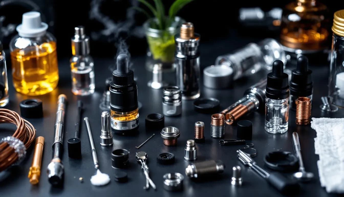 DIY coil building supplies for flavor optimization including wire materials, building tools, and e-liquid bottles