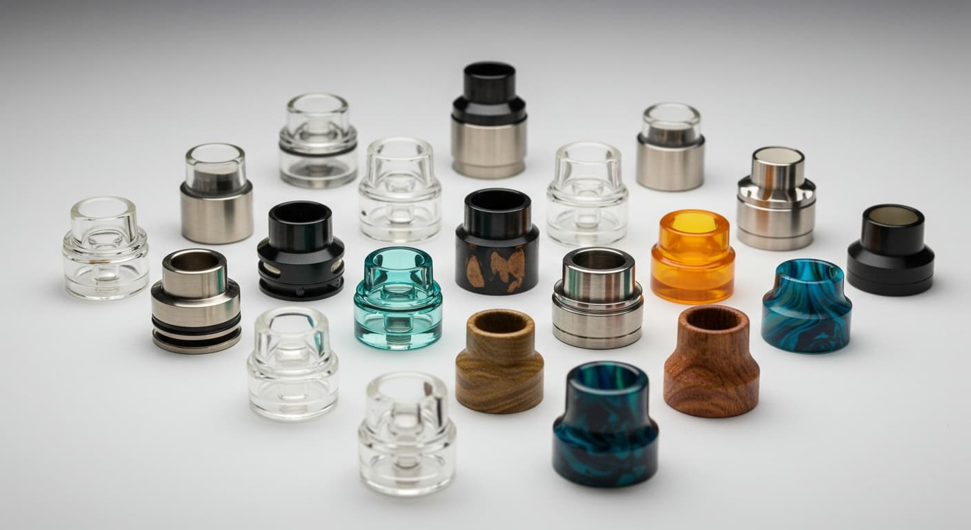 Collection of drip tips and mouthpieces in glass, metal, wood, and resin materials showing 510 and 810 sizing options