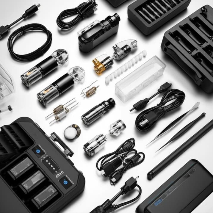 Vape accessories including coils, tanks, battery chargers, and cables for advanced vaping setups.