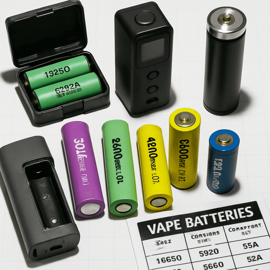 A visual comparison of various cylindrical lithium-ion vape batteries (purple, green, yellow, blue) and a separate dual-battery charger case, illustrating different sizes and terminal types (flat-top and button-top).