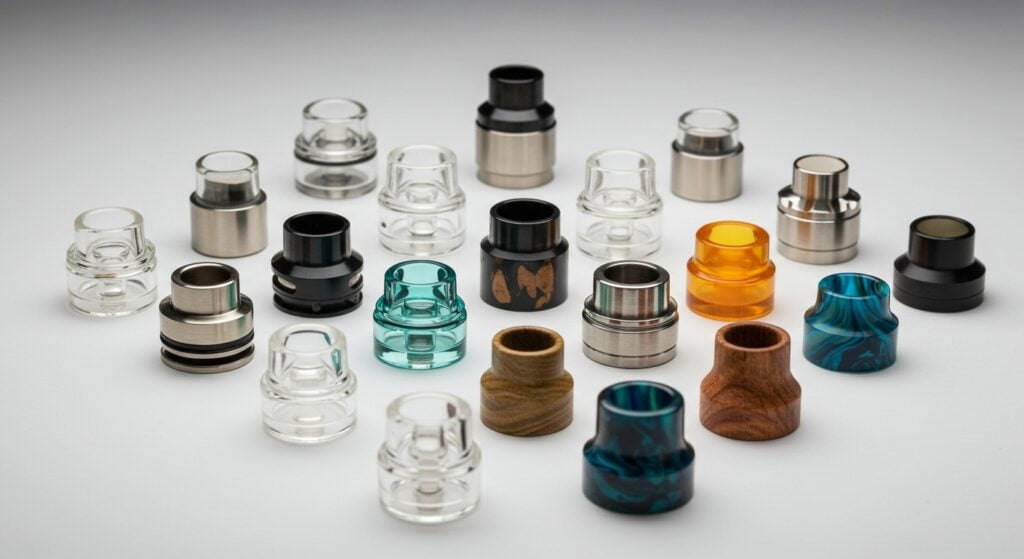 Drip Tips vs Mouthpieces Materials Guide: Glass, Metal, Wood and Resin Compatibility Options Collection of drip tips and mouthpieces in glass, metal, wood, and resin materials showing 510 and 810 sizing options