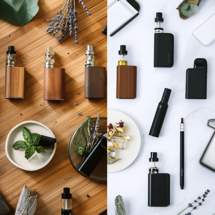 Herbal vs Nicotine Vapes Complete Comparison for Smart Choices in 2025 Side-by-side comparison of herbal vaporizers with natural herbs and nicotine vape devices with e-liquids.