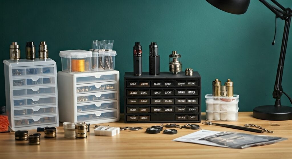 Desktop Storage Solutions and Workspace Setup for Complete Vape Parts Organization Organized vape parts storage workspace with drawer organizers, labeled compartments, and building supplies for spare parts