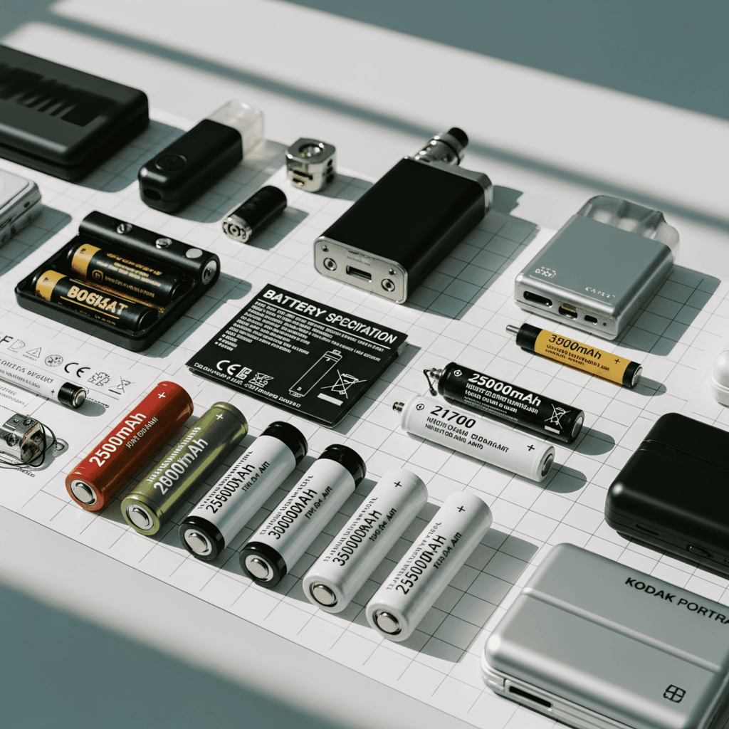 A detailed flat lay of various vape devices, multiple sizes of cylindrical lithium-ion batteries (18650, 21700, 2500mAh, 3500mAh, 3900mAh), a battery charger, and a "Battery Specification" information sheet, all laid out on a grid.