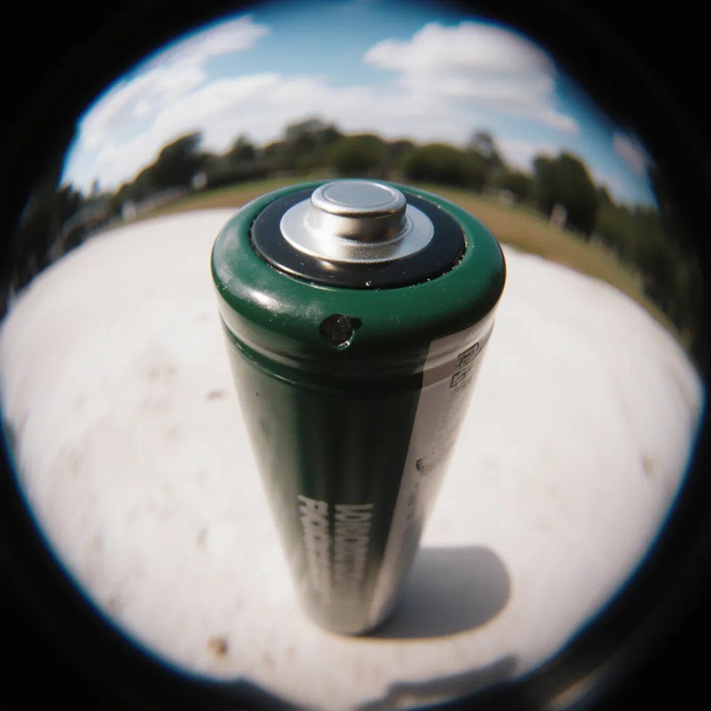 A dramatic fisheye close-up of the positive terminal of a green 18650-style lithium-ion vape battery, emphasizing potential signs of wear or degradation around the top.