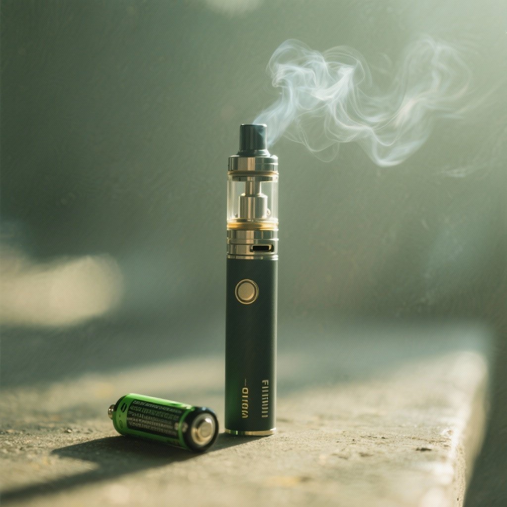 A black and gold vape pen mod standing upright on a grey surface next to a loose, green lithium-ion 18650 battery, with a cloud of vapour rising from the top.