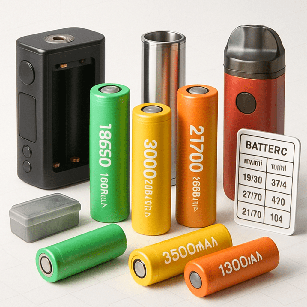 A clear overhead shot showing various sizes of cylindrical lithium-ion vape batteries (18650, 21700, 3000mAh, 1300mAh) alongside vape mods, a battery case, and a pod system, illustrating the range of items needing safe storage.